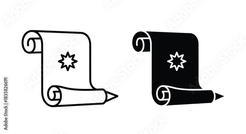 Two graphic icons of a scroll, one in outline and one in solid black, each featuring an eight-pointed star symbol, representing ancient documents, decrees, or wisdom.