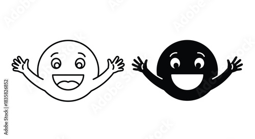 Two cartoon faces, one white outline and one black silhouette, with open mouths and outstretched arms, expressing happiness and welcome.