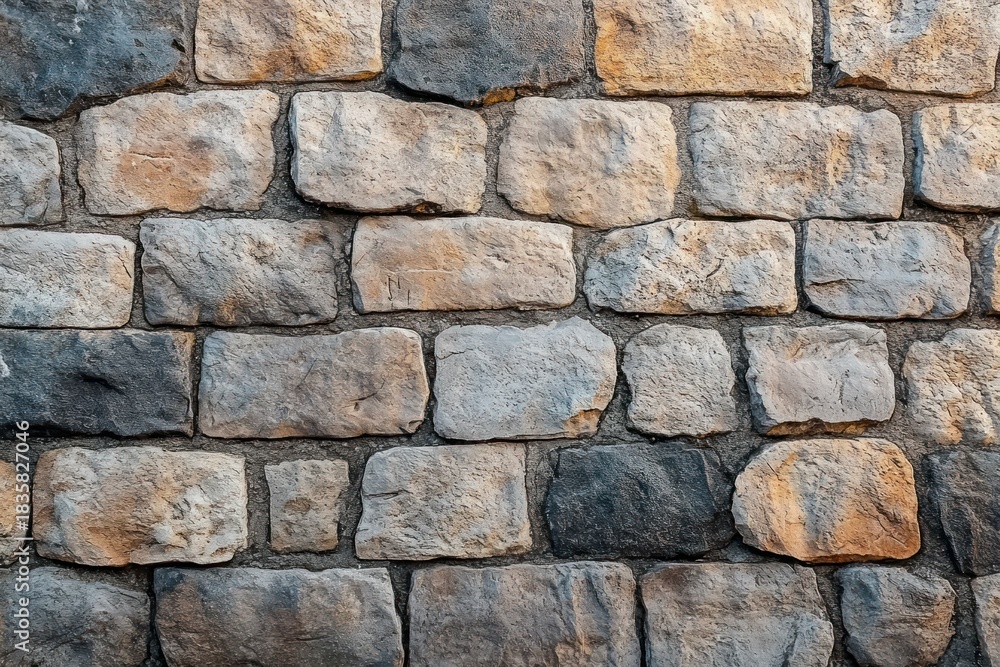 Obraz premium Close-up of an old textured stone wall with uneven rectangular rocks in varying shades of gray, beige, and orange under natural lighting