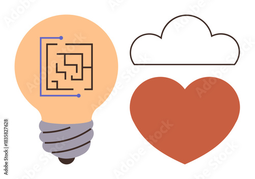 Light bulb containing maze pattern alongside heart and cloud. Ideal for innovation, emotional intelligence, problem-solving, abstract thinking, brainstorming, human connection, conceptual thought