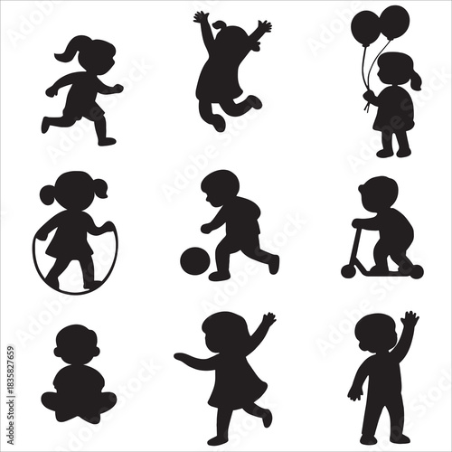 Set of Nine Kids Silhouettes: Children Playing, Running, Jumping, and Active Poses Vector