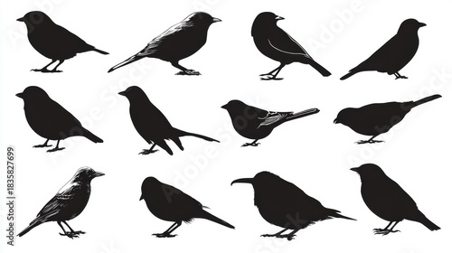 Set of black bird silhouettes in various poses, minimalist vector illustration elements for design, decoration, and creative projects