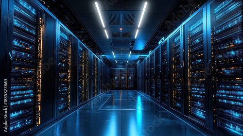 Modern server room with rows of black server racks illuminated by blue and orange LED lights, reflecting on the shiny floor under bright ceiling lights