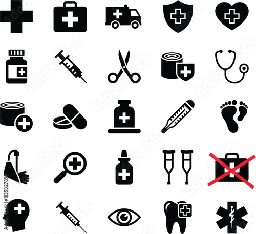 Medical First Aid and Healthcare Vector Icons Set for Emergency and Hospital Services