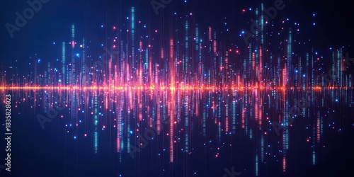 Digital sound wave visualization with vertical multicolored data streams and glowing particles on dark background