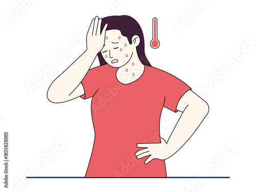 Unhealthy women suffer from flu or high fever and shivering. Healthy problems vector illustration. Flat illustration.