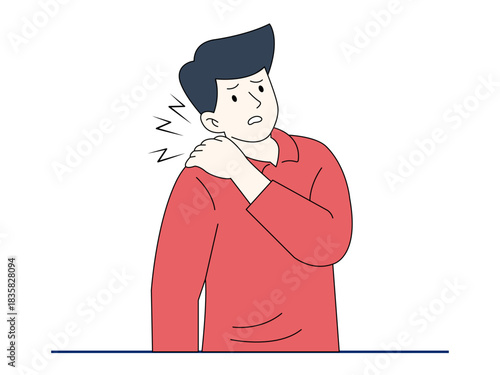 Unhealthy men suffer from arm pain or shoulder injuries. Healthy problems vector illustration. Flat illustration.