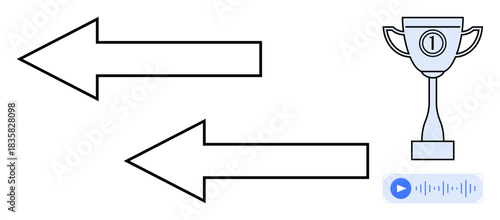 Achievement concept. Achievement ed by a trophy, directional arrows highlight choices, and audio play symbol adds modernity. Achievement for success, motivation, sports, education, career goals