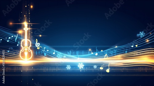 Cello, visual sound waves, notes and snowflakes, winter Christmas concert, music festival, party illustration, background poster