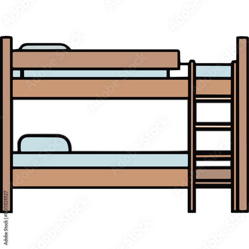 Simple illustration of a wooden bunk bed with two sleeping platforms and a ladder on a black background with light blue bedding and brown wooden frame