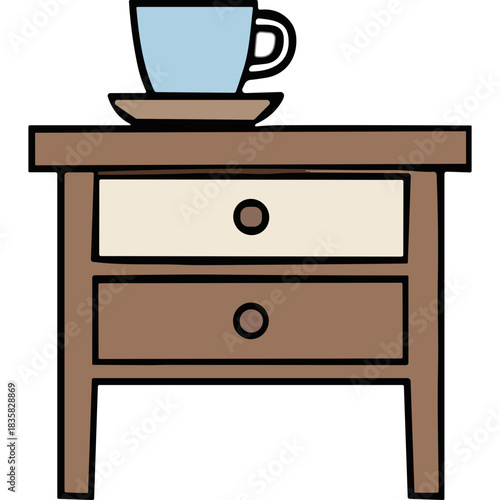 Simple illustration of a wooden nightstand with two drawers and a light blue teacup on a saucer on top representing a quiet morning routine with warm lighting and cozy atmosphere