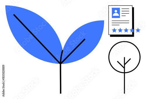 Abstract blue leaf design paired with a personal profile and star ratings, emphasizing growth and evaluation. Ideal for sustainability, career growth, performance review, ecology, business strategy