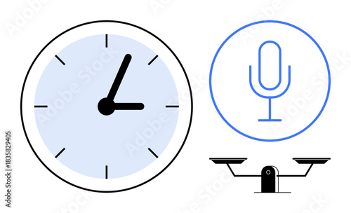 Time management, voice technology, justice, digital tools, data communication, equality. Clock, microphone and scales in minimalist design. Time management and voice technology concept