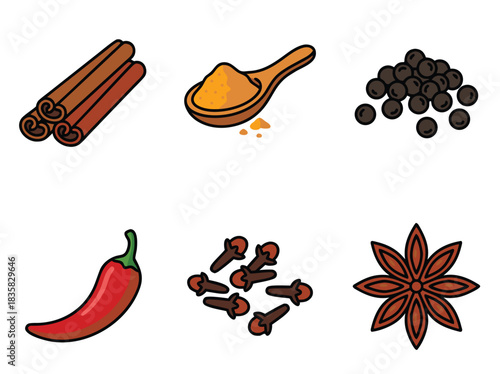 Assortment of Spices - Cinnamon, Turmeric, Pepper, Chili, Cloves, Star Anise.