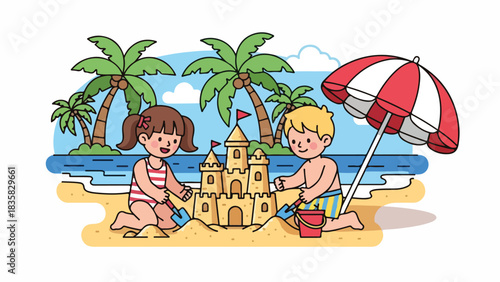 Two children building a sandcastle on a sunny beach, enjoying the summer holiday.