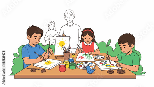 Three children are painting at a table, with an adult standing behind them holding a canvas.