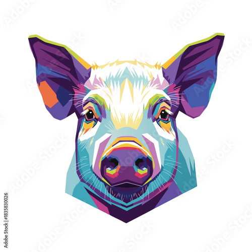 Colorful Geometric Pig Portrait Modern Illustration of a Farm Animal Head, Pop Art Style