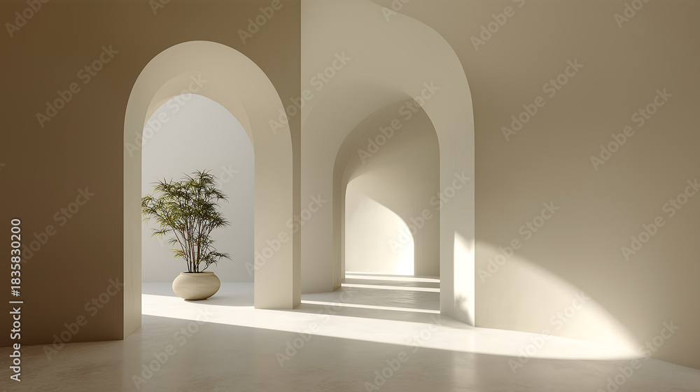Fototapeta premium Cloud dancer beige arches hallway design interior architecture home decor plant pot sunlight colour of the year 2026