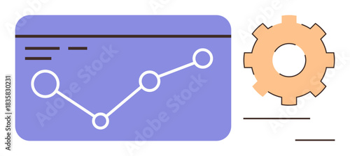 Line graph with data points on purple interface aligned with minimalist gear. Ideal for growth, analytics, process, performance, management, efficiency, strategy. Simple flat metaphor