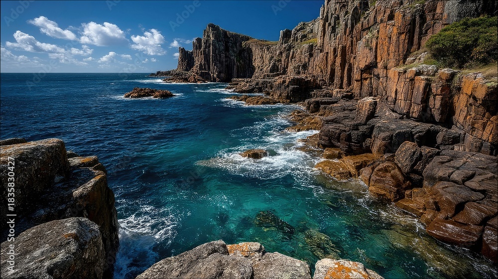 Obraz premium Coastal Cliffs and Turquoise Water Under Blue Sky