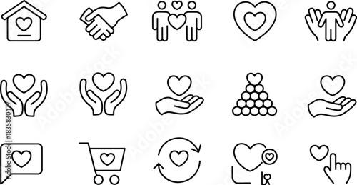 Collection of various line art heart icons