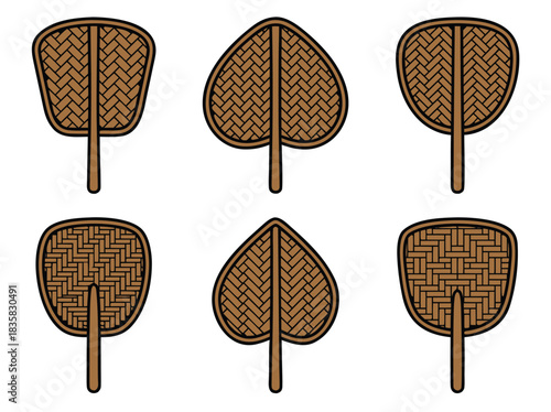 Collection of Handwoven Bamboo Fans in Various Shapes.