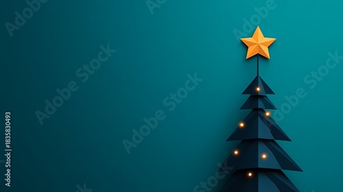 Minimalist christmas tree with a golden star on a teal background for holiday season greetings card