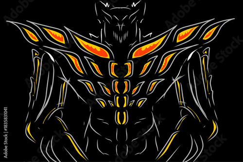 Tribal creature vector with fiery orange accents and sharp lines, ideal for tattoos, streetwear designs, posters, and aggressive graphic art.