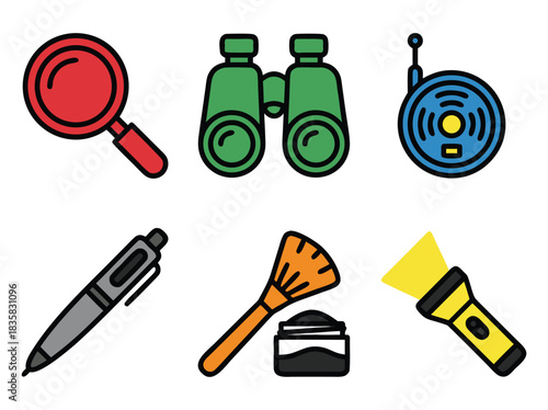 Detective Tools and Equipment Illustration Set.