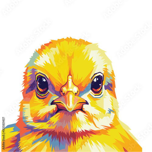 Close-up portrait of a vibrant, stylized chick in a pop art WPAP illustration style, showcasing its curious eyes and beak against a white background