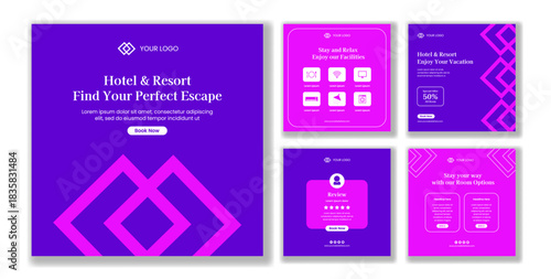 Hotel And Resort Flat Cartoon Hand-Drawn Background Illustration Social Media Post Template