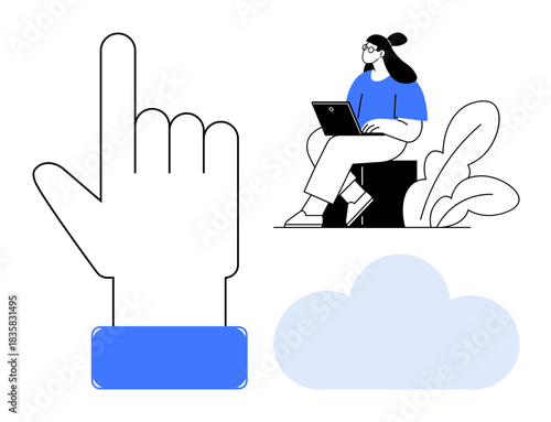 Cloud computing concept. Illustrated hand gesture, young woman with laptop, and cloud online work. Cloud computing supports remote work, connectivity, and data storage. Ideal for tech, education