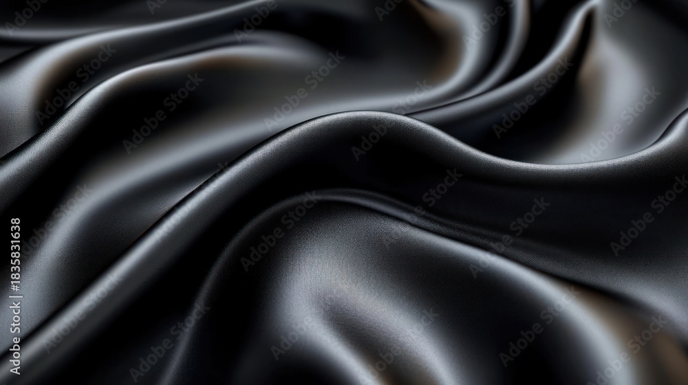 Fototapeta premium Smooth, shiny black satin fabric with soft, flowing folds creating a luxurious and elegant texture under gentle light