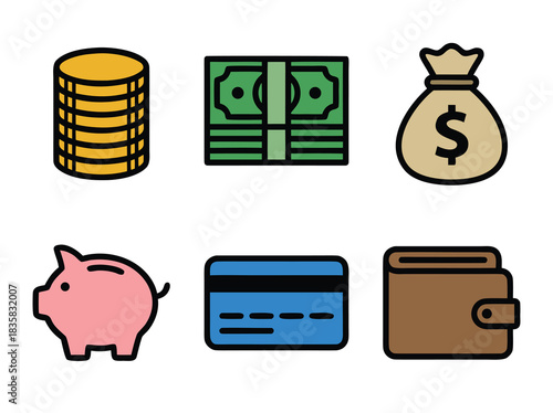 Financial Icons Set - Money, Piggy Bank, and Wallet.