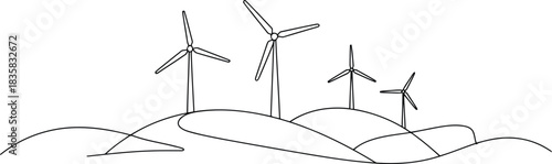 Four wind turbines are shown standing on various hills in this continuous line illustration