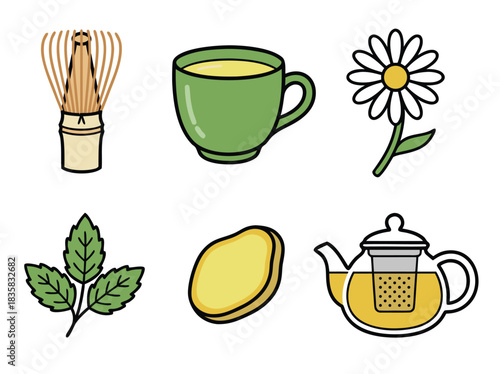 Herbal Tea Collection - Whisk, Cup, Flower, Leaves, Ginger, Teapot.