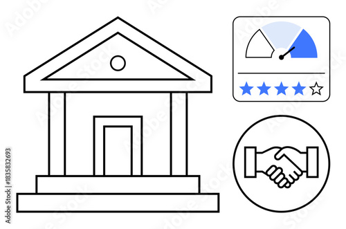 Financial institution concept. Bank building, credit score, and handshake icons trust, collaboration, banking, and credit evaluation. For fintech, banking services credit ratings partnerships data