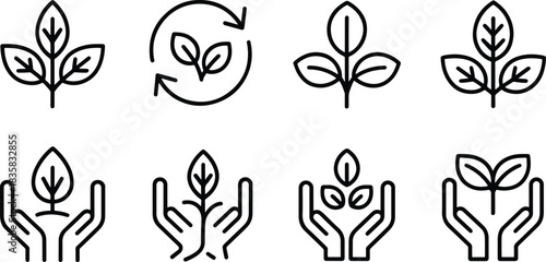Black and white plant icon set for eco friendly concepts