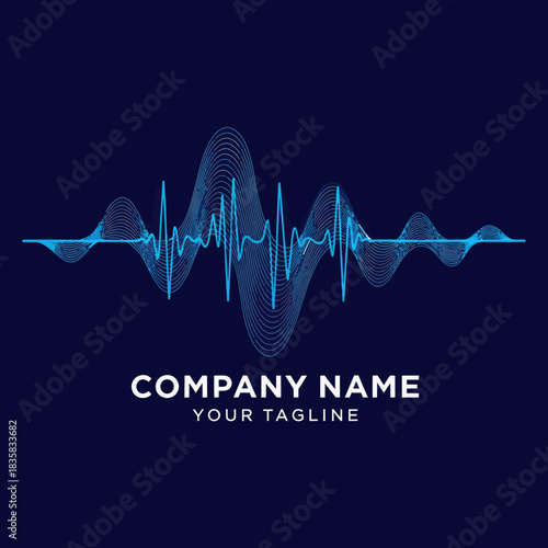 Abstract blue sound wave visualization with company name placeholder.