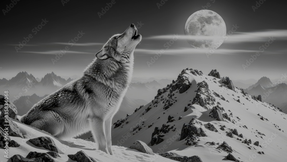 Naklejka premium Black and White Wolf Howling Under Moonlight