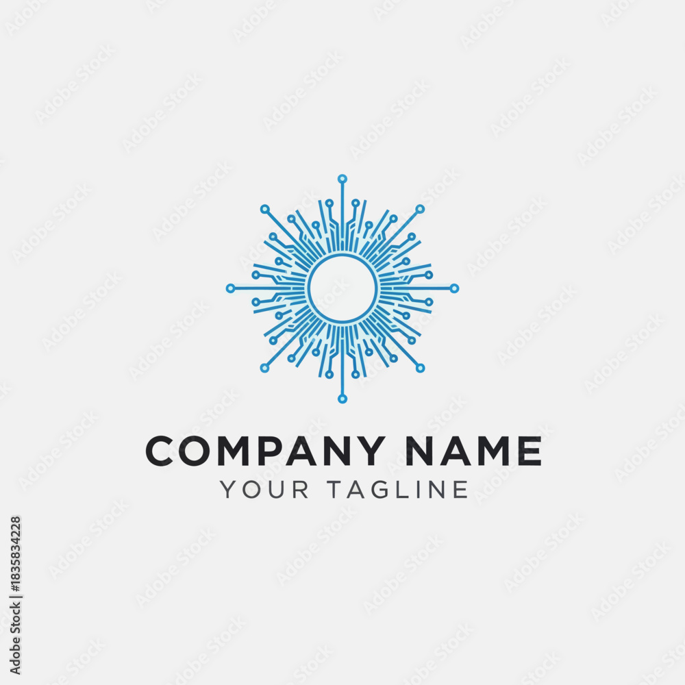 Fototapeta premium Abstract digital technology logo design with radiating lines and a central circle.