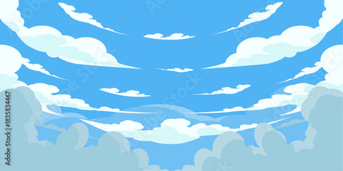 Illustration of a blue sky with white clouds in a flat style. Blue sky background and white clouds. Cartoon sky