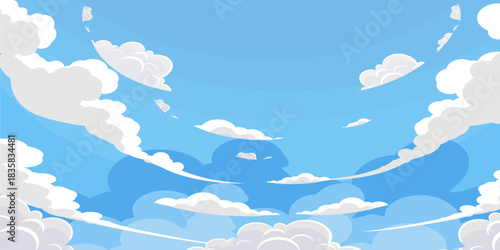 Illustration of a blue sky with white clouds in a flat style. Blue sky background and white clouds. Cartoon sky