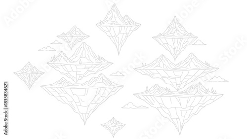 Enchanting floating islands with majestic mountain peaks and serene clouds in a captivating fantasy landscape illustration for creative projects