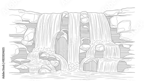 Detailed waterfall illustration with rocks and cascading water, perfect for coloring books, serene backgrounds, or nature-themed designs and projects today