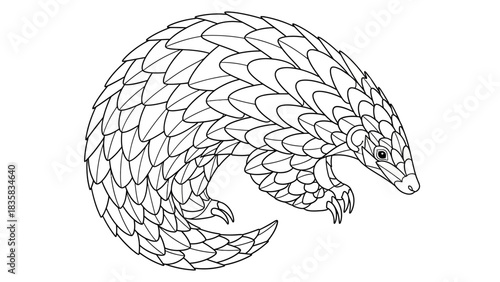Intricate pangolin line art design for coloring books and educational materials, ideal for conservation awareness projects and promoting wildlife appreciation