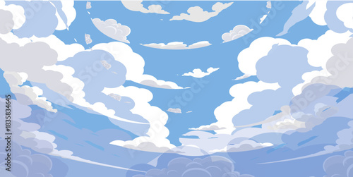 Illustration of a blue sky with white clouds in a flat style. Blue sky background and white clouds. Cartoon sky	
