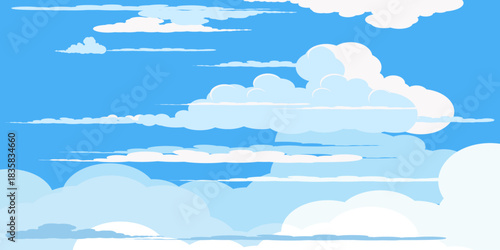 Illustration of a blue sky with white clouds in a flat style. Blue sky background and white clouds. Cartoon sky	