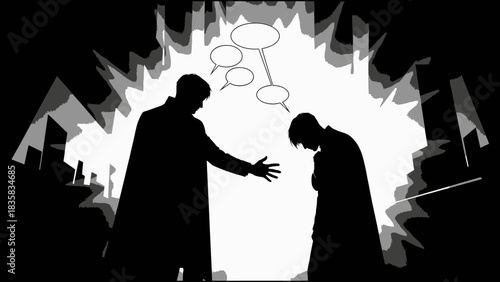 Sad communicating with a sad person in a dramatic background with speech bubbles - a conceptual illustration