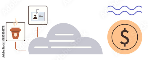Cloud with abstract icons for ID, coffee cup, and dollar coin signifying connections between daily activities, finance, and digital data. Ideal for business, finance, tech, lifestyle productivity